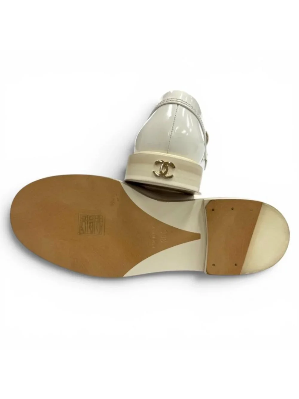 Chanel Logo CC Patent Leather Loafers White Gold